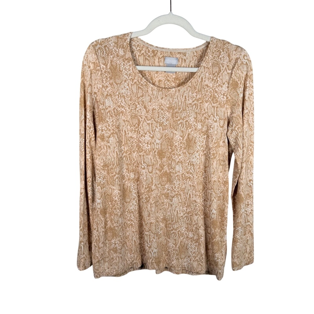 Chicos 0 Tan Snakeskin Print Long Sleeve Scoop Neck Top Tee Casual Neutral